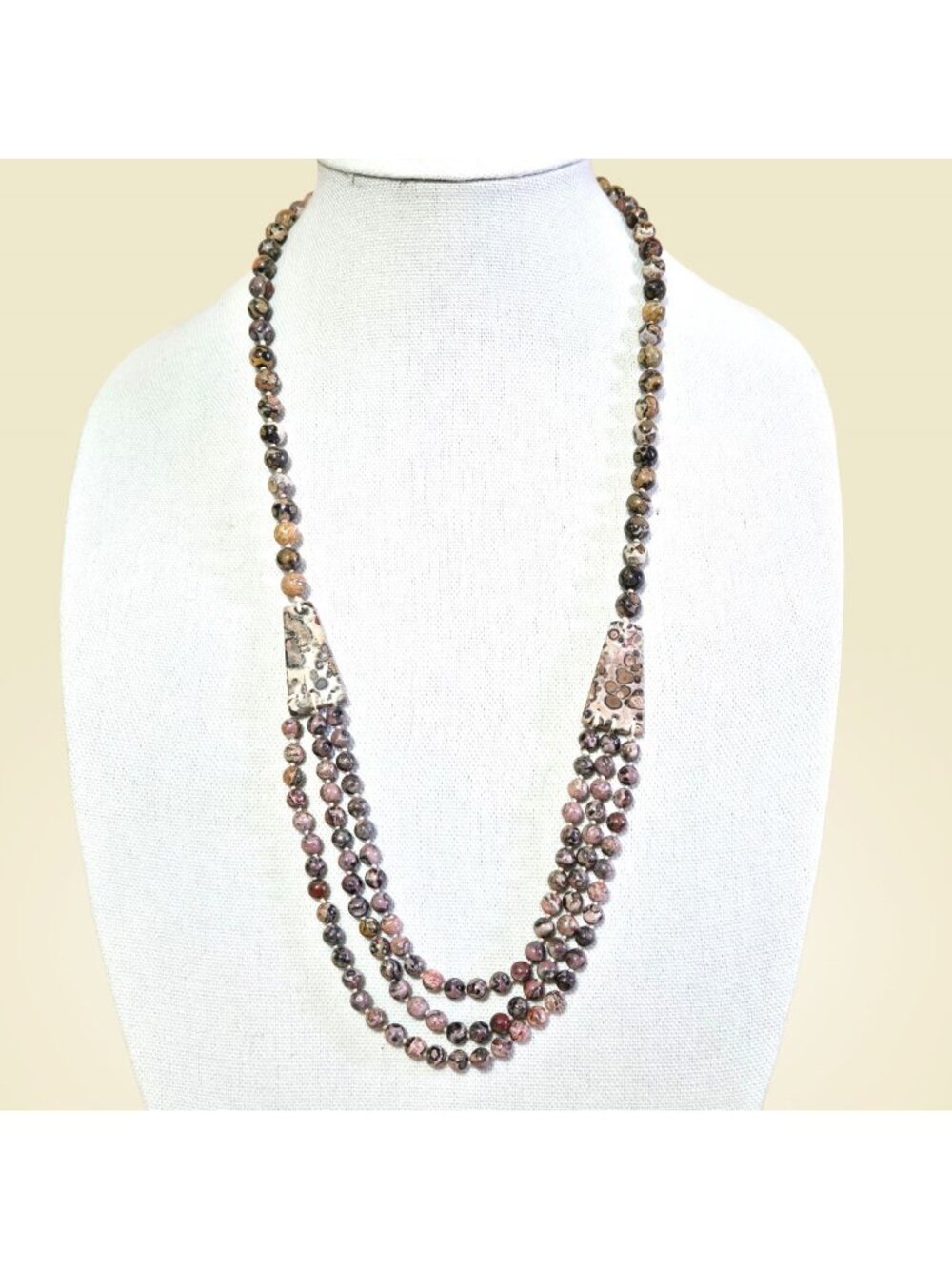 Vtg Leopard Skin Jasper Graduated 3 Strand Beaded Necklace 29" Individually Knot
